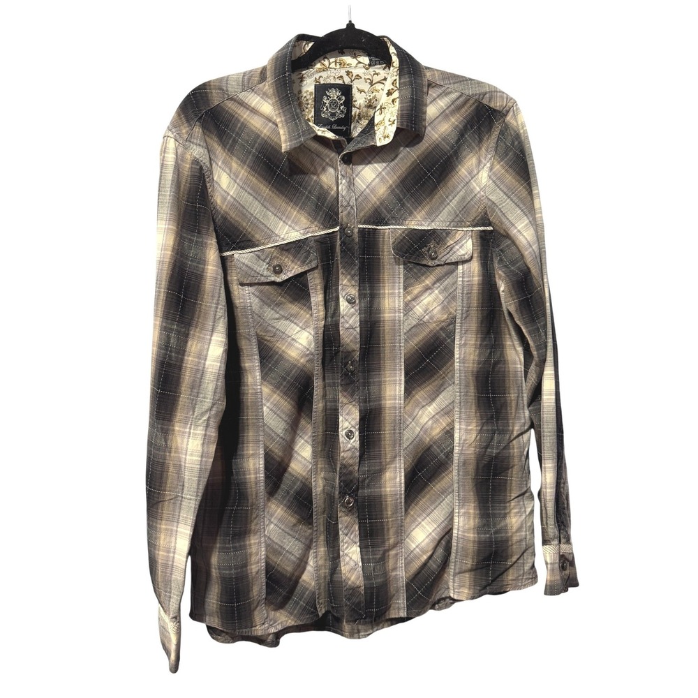 English Laundry Western style Large Plaid Button Down Grey Tan Floral Trim